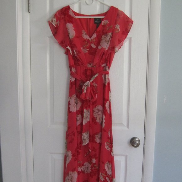 Adrianna Papell Maxi Floral Chiffon Dress in Soft Red and Pink Size 6 - Picture 3 of 10